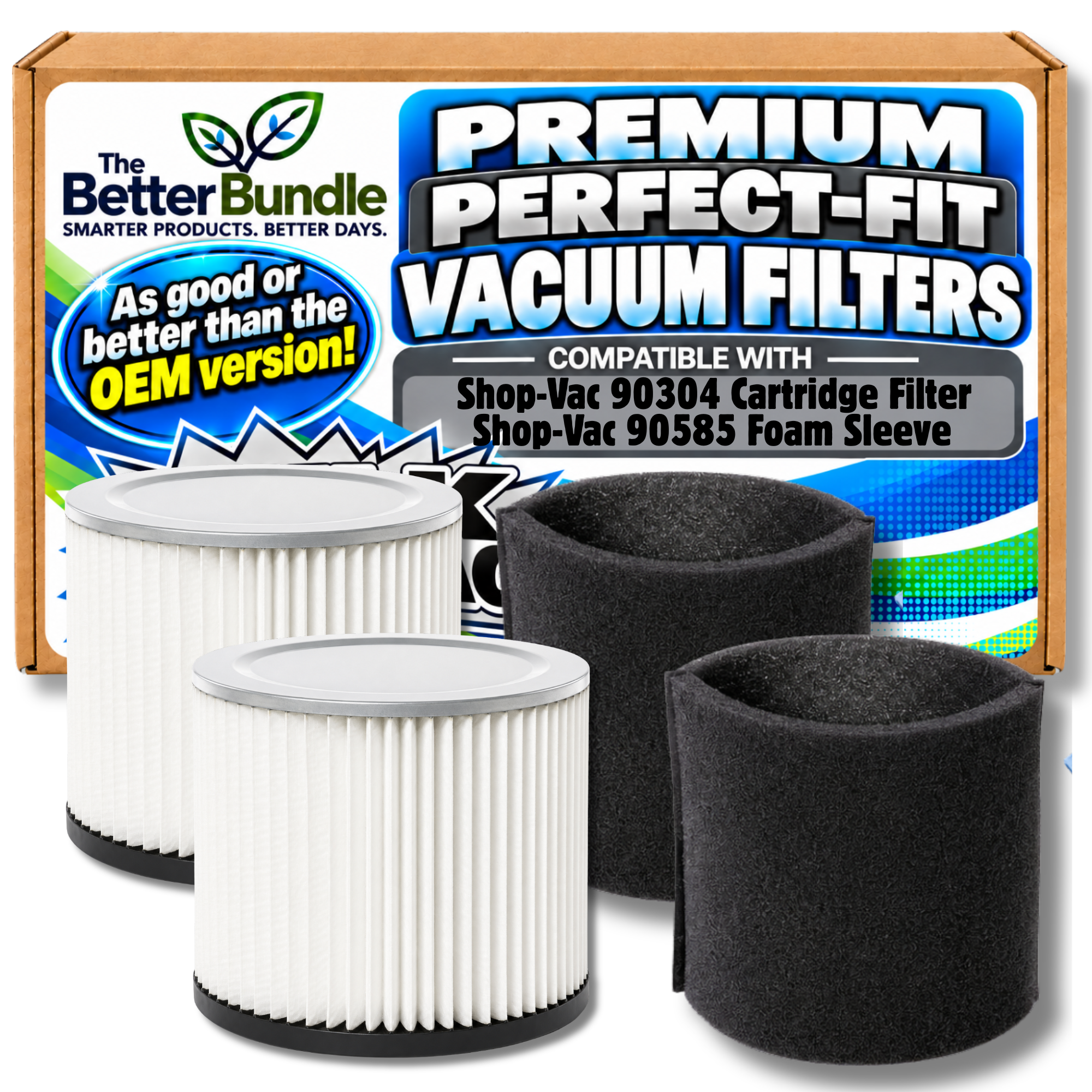 The Better Bundle 2 Shop-Vac Filter + 2 Foam Sleeve Bundle for 5-16 Gallon Wet/Dry Vacs - 2 Replacement Shop-Vac 90304 Cartridge Filters +2 90585 Foam Sleeves - VacBagsUSA